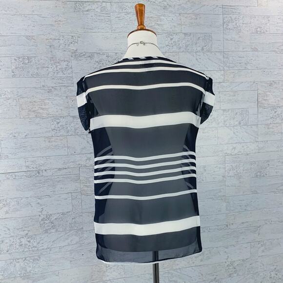 LOFT blue striped sheer cap sleeve blouse navy white business casual - Picture 3 of 7